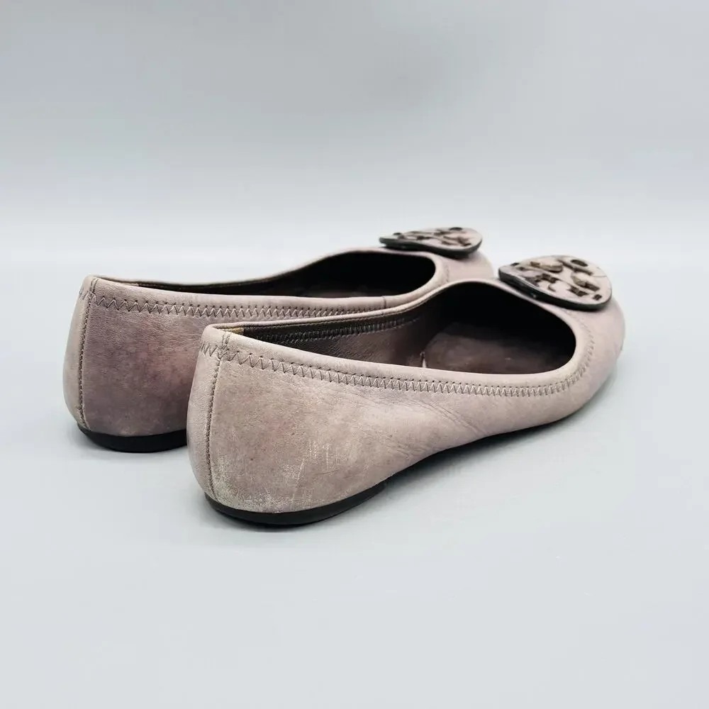Tory Burch Shoes Womens 6 Gray Leather Slip On Ballet Flats Logo Medallion